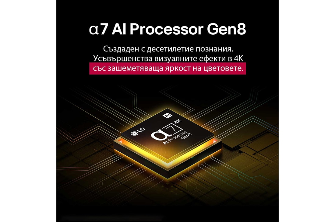 LG 55 инчов LG NanoCell AI NANO81 4K Smart TV 2025, Alpha 7 AI Processor Gen8 светва в жълто и от него излизат разноцветни лъчи светлина. В заглавието се разказва за това как процесорът осигурява 4K качество, зашеметяващи цветове и яркост., 55NANO81A3A, thumbnail 4