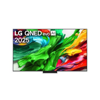Изглед отпред на LG QNED evo TV, лого LG QNED evo Al Logo в горния ъгъл. LG QNED evo показва цветни текстури на бои, които се съчетават.1