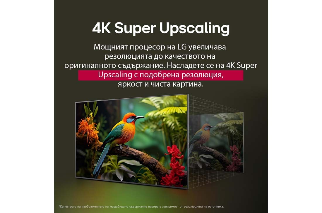 LG 86 инчов LG QNED AI QNED80 4K Smart TV 2025, Сравняване преди и след това на това как LG 4K Super Upscaling подобрява качеството на изображението. Два панела, показващи едно и също изображение на цветна птица, седнала на клон в гора, панелът вдя, 86QNED80A3A, thumbnail 6