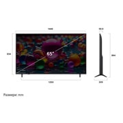 LG 65 инчов LG UHD AI UA75 4K Smart TV 2025, Преден и страничен изглед на LG UHD AI 4K Smart TV, показващ размерите му по дължина, ширина, височина и дълбочина., 65UA75003LA, thumbnail 4