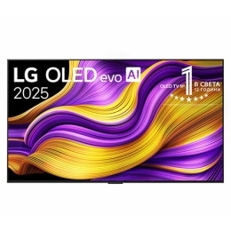 Преден изглед на LG OLED evo AI G5 4K Smart TV. На екрана са поставени емблемата 12 години OLED №1 в света и логото LG OLED evo AI 2025.