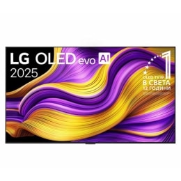 Преден изглед на LG OLED evo AI G5 4K Smart TV. На екрана са поставени емблемата 12 години OLED №1 в света и логото LG OLED evo AI 2025.