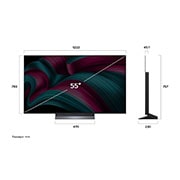 LG 55 инча LG OLED evo AI C5 4K Smart TV 2025, Преден и страничен изглед на LG OLED evo AI C5 4K Smart TV, показващ размерите му по дължина, ширина, височина и дълбочина., OLED55C51LA, thumbnail 4