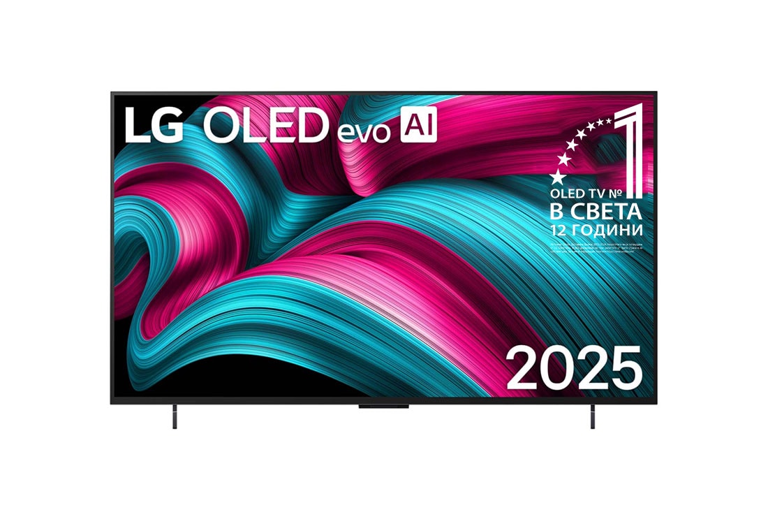 LG 42-инча LG OLED evo AI C5 4K Smart TV 2025, Преден изглед на LG OLED evo AI C5 4K Smart TV. На екрана са поставени емблемата 12 години OLED №1 в света и логото LG OLED evo AI 2025., OLED42C51LA