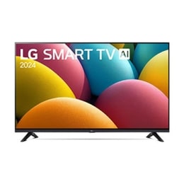 Преден изглед на LG HD TV, LR60 с текст на LG SMART TV AI и 2024 на екрана с двуполюсна стойка2