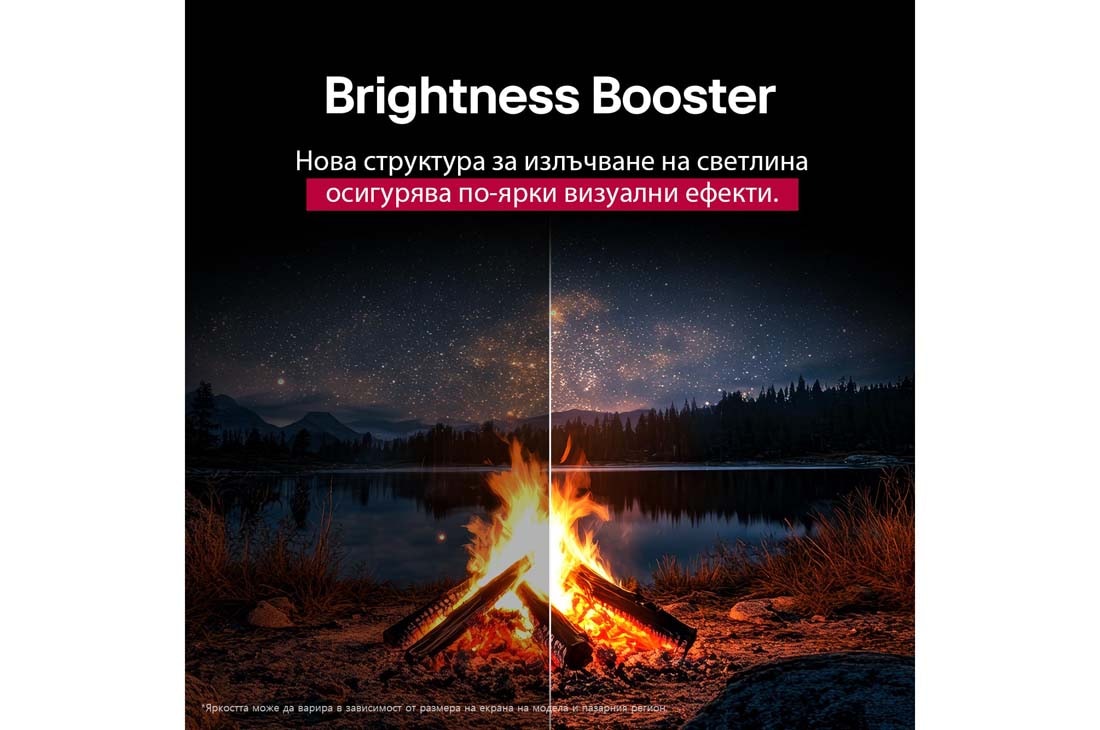 LG 77 инча LG OLED evo AI C5 4K Smart TV 2025, Всекидневна с Wall Mounted LG OLED TV. На телевизионния екран се вижда планинска верига на фона на тъмно вечерно небе, изпълнено със звезди Сцената е разделена наполовина. От едната страна е показана , OLED77C51LA, thumbnail 8