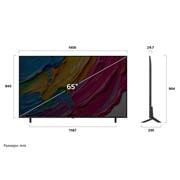 LG 65 инчов LG QNED AI QNED80 4K Smart TV 2025, Преден и страничен изглед на LG QNED AI 4K Smart TV, показващ размерите му по дължина, ширина, височина и дълбочина., 65QNED80A3A, thumbnail 4