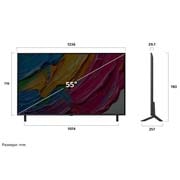 LG 55 инчов LG QNED AI QNED80 4K Smart TV 2025, Преден и страничен изглед на LG QNED AI 4K Smart TV, показващ размерите му по дължина, ширина, височина и дълбочина., 55QNED80A3A, thumbnail 4