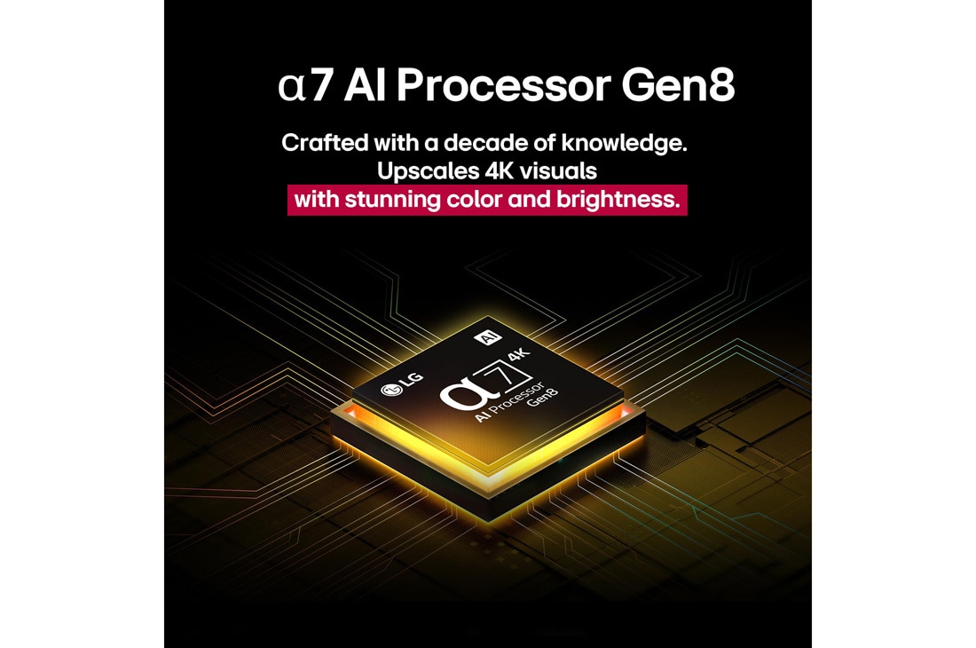 LG 50 инчов LG UHD AI UA73 4K Smart TV 2025, Alpha 7 AI Processor Gen8 светва в жълто и от него излизат разноцветни лъчи светлина. В заглавието се разказва за това как процесорът осигурява 4K качество, зашеметяващи цветове и яркост., 50UA73003LA, thumbnail 5