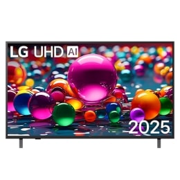 Преден изглед на UHD телевизор, лого LG UHDl Al в горния ъгъл. LG UHD TV показва цветни текстури на бои, които се съчетават.2