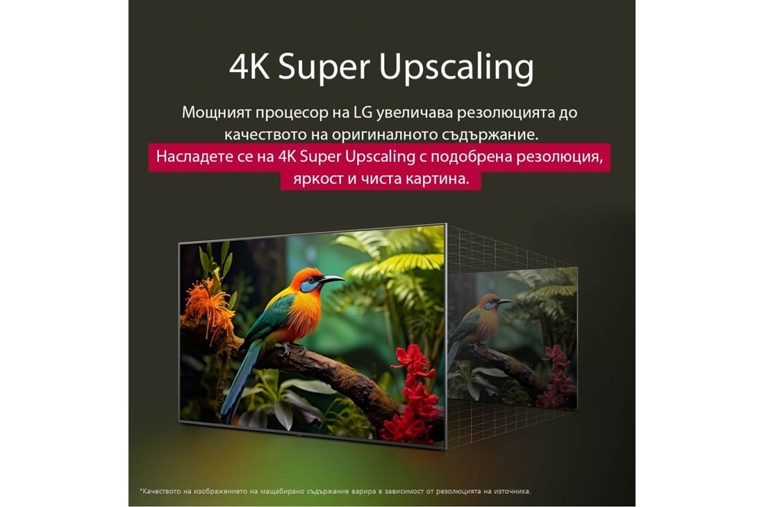 LG 43 инчов LG UHD AI UA73 4K Smart TV 2025, Сравняване преди и след това на това как LG 4K Super Upscaling подобрява качеството на изображението. Два панела, показващи едно и също изображение на цветна птица, седнала на клон в гора, панелът вдя, 43UA73003LA, thumbnail 6