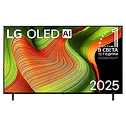 Преден изглед на LG OLED evo AI B5 4K Smart TV. На екрана са поставени емблемата 12 години OLED №1 в света и логото LG OLED AI 2025.