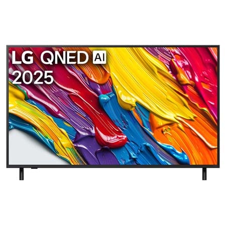LG 55 инчов LG QNED AI QNED82 4K Smart TV 2025, Изглед отпред на LG QNED TV, лого LG QNED evo Al Logo в горния ъгъл. LG QNED TV показва цветни текстури на бои, които се съчетават., 55QNED82A3B, thumbnail 1