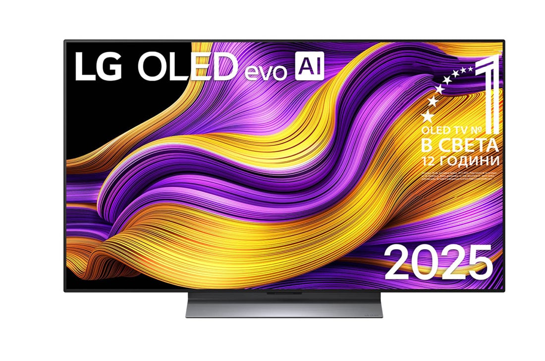LG 48-инча LG OLED evo AI G5 4K Smart TV 2025, Prikaz sa prednje strane LG OLED evo AI G5 4K pametnog televizora. 12 godina na 1. mestu u svetu, OLED amblem i logotip LG OLED evo AI 2025 su na ekranu., OLED48G53LS