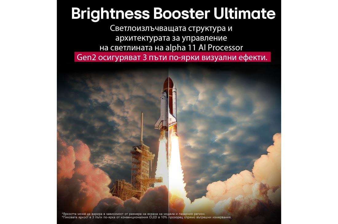 LG 65 инча LG OLED evo AI G5 4K Smart TV 2025, Spejs šatl se lansira sa zemlje. Scena je podeljena po sredini, pri čemu je jedna polovina nešto tamnija i bez živosti. Druga polovina prikazuje kako je eksplozija rakete izuzetno svetla, pokazujući k, OLED65G53LS, thumbnail 6