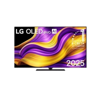 Prikaz sa prednje strane LG OLED evo AI G5 4K pametnog televizora. 12 godina na 1. mestu u svetu, OLED amblem i logotip LG OLED evo AI 2025 su na ekranu.
