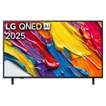 Изглед отпред на LG QNED TV, лого LG QNED evo Al Logo в горния ъгъл. LG QNED TV показва цветни текстури на бои, които се съчетават.1