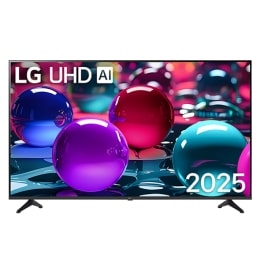 Преден изглед на UHD телевизор, лого LG UHDl Al в горния ъгъл. LG UHD TV показва цветни текстури на бои, които се съчетават.2