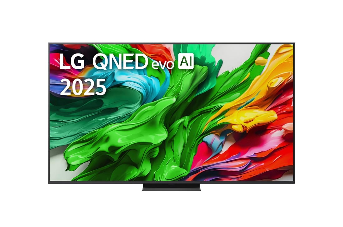 LG 55-инчов LG QNED evo AI QNED86 4K Smart TV 2025, Изглед отпред на LG QNED evo TV, лого LG QNED evo Al Logo в горния ъгъл. LG QNED evo показва цветни текстури на бои, които се съчетават., 55QNED86A3A