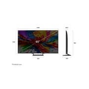 LG 65 инчов LG QNED evo AI QNED93 4K Smart TV 2025, Преден и страничен изглед на LG QNED evo AI 4K Smart TV, показващ размерите му по дължина, ширина, височина и дълбочина., 65QNED93A6A, thumbnail 4