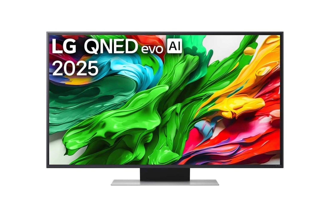 LG 50-инчов LG QNED evo AI QNED87 4K Smart TV 2025, Изглед отпред на LG QNED evo TV, лого LG QNED evo Al Logo в горния ъгъл. LG QNED evo показва цветни текстури на бои, които се съчетават., 50QNED87A3D