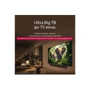 LG 50 инчов LG QNED evo AI QNED87 4K Smart TV 2025, Момиче и куче са седнали пред LG QNED TV, монтиран на стена, на който са изобразени три слона, които вървят навън, над LG Soundbar. Заглавието разказва за това как всяко действие е по-вълнуващо на огр, 50QNED87A3D, thumbnail 8