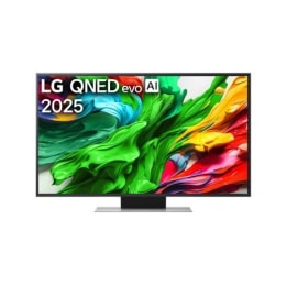 Изглед отпред на LG QNED evo TV, лого LG QNED evo Al Logo в горния ъгъл. LG QNED evo показва цветни текстури на бои, които се съчетават.2