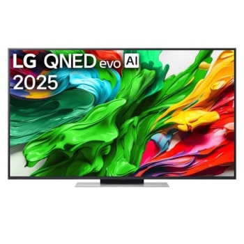 Изглед отпред на LG QNED evo TV, лого LG QNED evo Al Logo в горния ъгъл. LG QNED evo показва цветни текстури на бои, които се съчетават.1