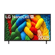 LG 43 инчов LG NanoCell AI NANO80 4K Smart TV 2025, Преден изглед на телевизор NanoCell, лого LG Nanocell AI в горния ъгъл. LG NanoCell TV показва цветни текстури на бои, които се съчетават., 43NANO80A3B, thumbnail 1