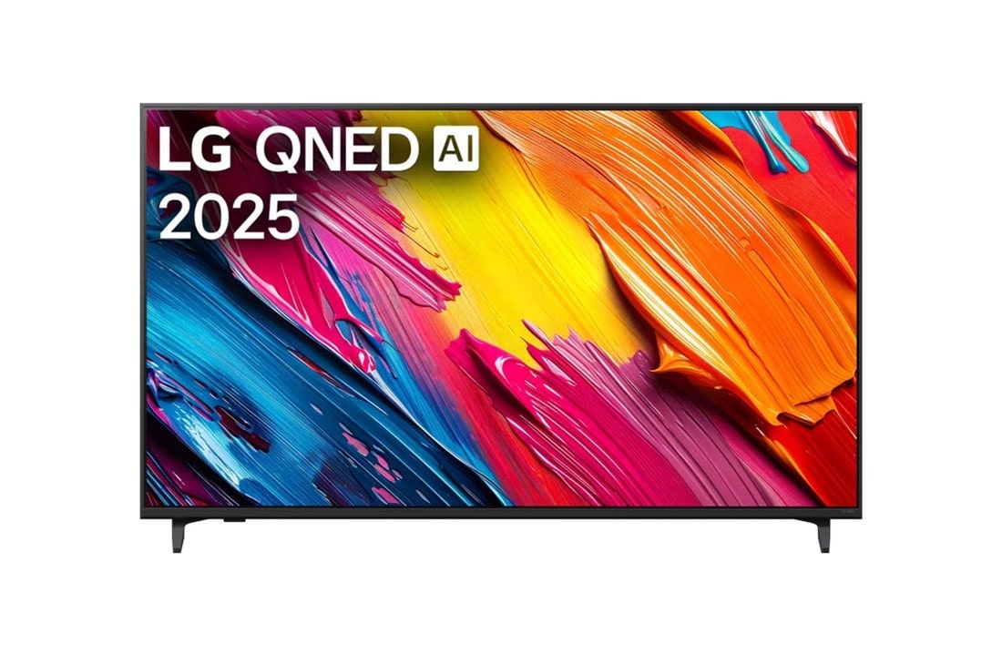 LG 55-инчов LG QNED AI QNED70 4K Smart TV 2025, Изглед отпред на LG QNED70 TV, лого LG QNED Al Logo в горния ъгъл. LG QNED TV показва цветни текстури на бои, които се съчетават., 55QNED70A6A