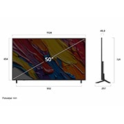 LG 50 инчов LG QNED AI QNED84 4K Smart TV 2025, Преден и страничен изглед на LG QNED AI 4K Smart TV, показващ размерите му по дължина, ширина, височина и дълбочина., 50QNED84A3C, thumbnail 4