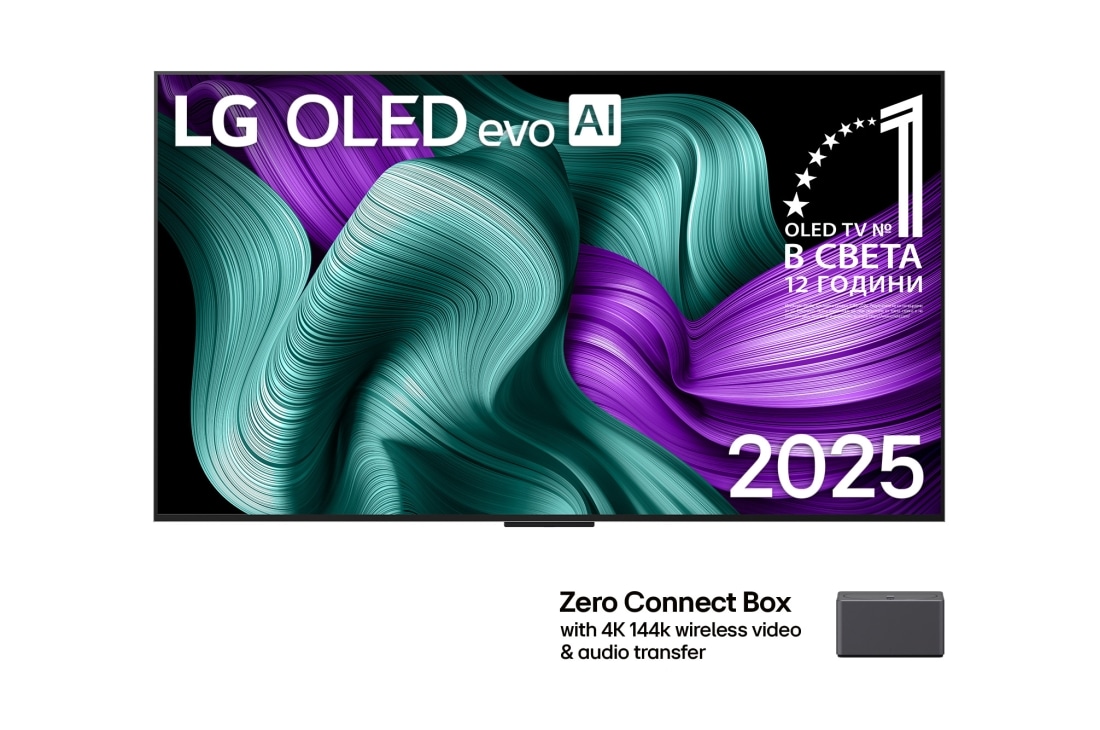 LG 65 -инчов LG OLED evo M5 4K Smart TV, Изглед отпред на LG OLED M5 TV. На екрана са поставени емблемата 12 години OLED №1 в света и логото LG OLED evo AI 2025. Zero Connect Box в ъгъла със заглавието Zero Connect Box с 4K 144Hz безжично пр, OLED65M59LA