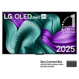 Prednji prikaz televizora LG OLED M5 Signature. Na zaslonu se prikazuju amblem „Najbolji OLED na svijetu već 12 godina” i logotip LG Signature OLED M. Zero Connect Box u kutu s naslovom, Zero Connect 2