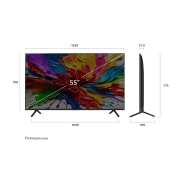 LG 55-инчов LG QNED evo AI QNED92 4K Smart TV 2025, Преден и страничен изглед на LG QNED evo AI 4K Smart TV, показващ размерите му по дължина, ширина, височина и дълбочина., 55QNED92A6A, thumbnail 4