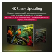 LG 65 инчов LG UHD AI UA74 4K Smart TV 2025, Сравняване преди и след това на това как LG 4K Super Upscaling подобрява качеството на изображението. Два панела, показващи едно и също изображение на цветна птица, седнала на клон в гора, панелът вдя, 65UA74003LB, thumbnail 6