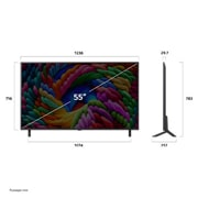 LG 55 инчов LG NanoCell AI NANO90 4K Smart TV 2025, Преден и страничен изглед на LG Nanocell AI 4K Smart TV, показващ размерите му по дължина, ширина, височина и дълбочина., 55NANO90A3B, thumbnail 4