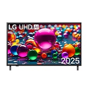 LG 43-инчов LG UHD AI UA74 4K Smart TV 2025, Преден изглед на UHD телевизор, лого LG UHDl Al в горния ъгъл. LG UHD TV показва цветни текстури на бои, които се съчетават., 43UA74003LB, thumbnail 1