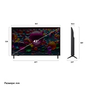 LG 43-инчов LG UHD AI UA74 4K Smart TV 2025, Преден и страничен изглед на LG UHD AI 4K Smart TV, показващ размерите му по дължина, ширина, височина и дълбочина., 43UA74003LB, thumbnail 4