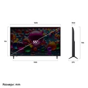 LG 55-инчов LG UHD AI UA74 4K Smart TV 2025, Преден и страничен изглед на LG UHD AI 4K Smart TV, показващ размерите му по дължина, ширина, височина и дълбочина., 55UA74003LB, thumbnail 4