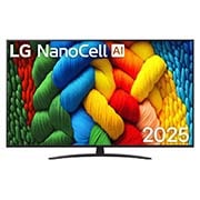 LG 65-инчов LG NanoCell AI NANO81 4K Smart TV 2025, Преден изглед на телевизор NanoCell, лого LG Nanocell AI в горния ъгъл. LG NanoCell TV показва цветни текстури на бои, които се съчетават., 65NANO81A3A, thumbnail 1