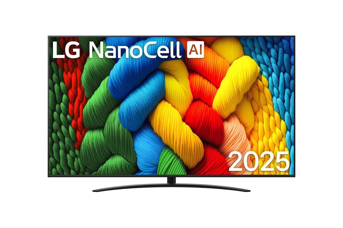 LG 86-инчов LG NanoCell AI NANO81 4K Smart TV 2025, Преден изглед на телевизор NanoCell, лого LG Nanocell AI в горния ъгъл. LG NanoCell TV показва цветни текстури на бои, които се съчетават., 86NANO81A3A