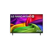LG 43-инчов LG NANO 4K UHD AI NU80 Smart TV 2026, При поглед отпред LG NANO 4K UHD AI NU80, пуснат на пазара през 2026 г., изпълва екрана с богато текстурирани, наподобяващи плат цветови слоеве, където ярки многоцветни гънки се преплитат плавно по ця, 43NU800B3LC, thumbnail 1
