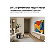LG 43-инчов LG NANO 4K UHD AI NU80 Smart TV 2026, LG NANO 4K UHD AI NU80 с тънък дизайн е монтиран на стената в светла, отворена всекидневна, с елегантен профил, който се вписва безпроблемно в интериора, докато показва смело, цветно абстрактно произв, 43NU800B3LC, thumbnail 13