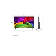 LG 43-инчов LG NANO 4K UHD AI NU80 Smart TV 2026, LG NANO 4K UHD AI NU80, показан отпред и отстрани, се отличава с 43-инчов дисплей с ширина 957 mm, височина 560 mm, височина 626 mm със стойката, дълбочина 67,8 mm и площ на основата на стойката 826 н, 43NU800B3LC, thumbnail 2