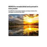 LG 43-инчов LG NANO 4K UHD AI NU80 Smart TV 2026, LG NANO 4K UHD AI NU80 подчертава HDR10 Pro в разделена сценична картина, сравняваща SDR и HDR10 Pro, разкривайки по-ярки акценти, по-дълбоки сенки и подобрен контраст в сцена на езеро при залез слънц, 43NU800B3LC, thumbnail 4
