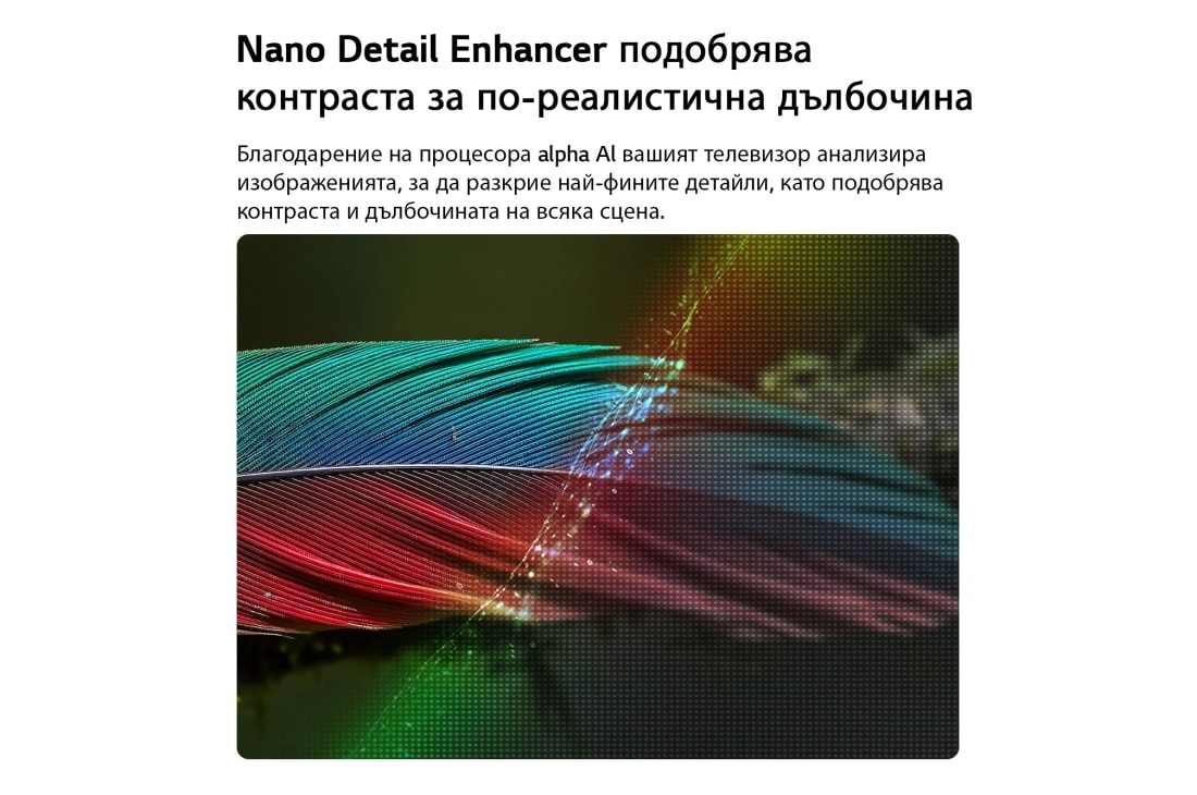 LG 50-инчов LG NANO 4K UHD AI NU80 Smart TV 2026, LG NANO 4K UHD AI NU80 с Nano Detail Enhancer показва изображение на перо, задвижвано от alpha AI Processor, който открива фини текстури, за да подобри контраста и дълбочината и да предостави по-ясна,, 50NU800B3LC, thumbnail 3