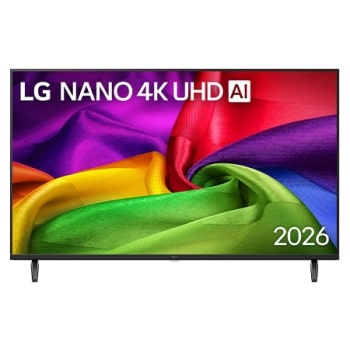 При поглед отпред LG NANO 4K UHD AI NU80, пуснат на пазара през 2026 г., изпълва екрана с богато текстурирани, наподобяващи плат цветови слоеве, където ярки многоцветни гънки се преплитат плавно по ця1