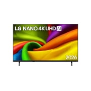 LG 43-инчов LG NANO 4K UHD AI NU85 Smart TV 2026, Предният изглед на LG NANO 4K UHD AI NU85, пуснат на пазара през 2026 г., запълва екрана с гладки, плавни слоеве от ярки цветове, наподобяващи текстури на плат, докато извити многоцветни гънки се разп, 43NU850B3LA, thumbnail 1