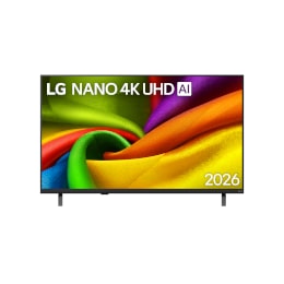 Предният изглед на LG NANO 4K UHD AI NU85, пуснат на пазара през 2026 г., запълва екрана с гладки, плавни слоеве от ярки цветове, наподобяващи текстури на плат, докато извити многоцветни гънки се разп2
