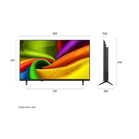 LG 43-инчов LG NANO 4K UHD AI NU85 Smart TV 2026, LG NANO 4K UHD AI NU85, показан отпред и отстрани, се отличава с 43-инчов дисплей с ширина 959 mm, височина 563 mm, височина 618 mm със стойка, дълбочина 70,8 mm и площ на стойката 792 x 200 mm., 43NU850B3LA, thumbnail 2